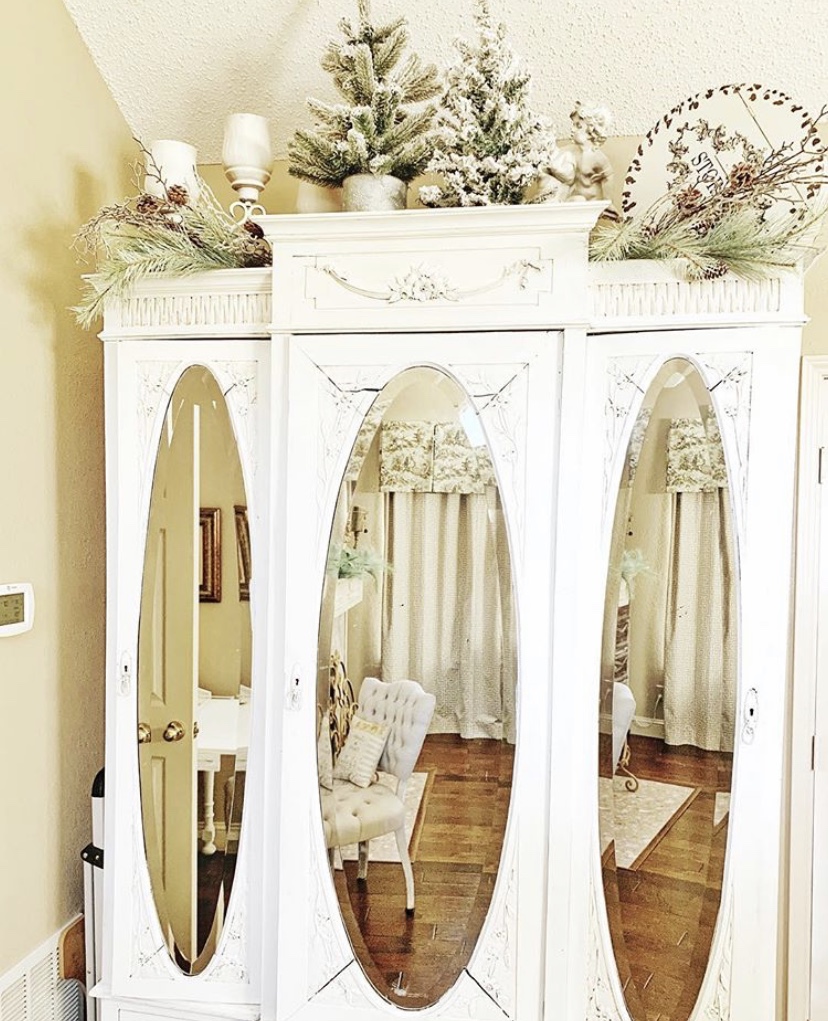 Armoire styling, Christmas decor,