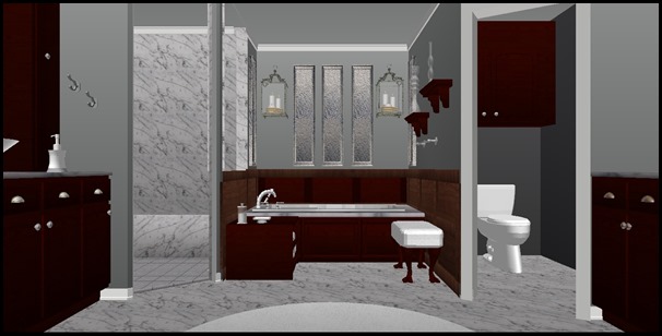 A-DARK CHOCOLATE CABINETS WITH MARBLE NEW WINDOWS AND SMALL TOWEL CABINET WITH LIBRARY PANELING AROUND TUB-1