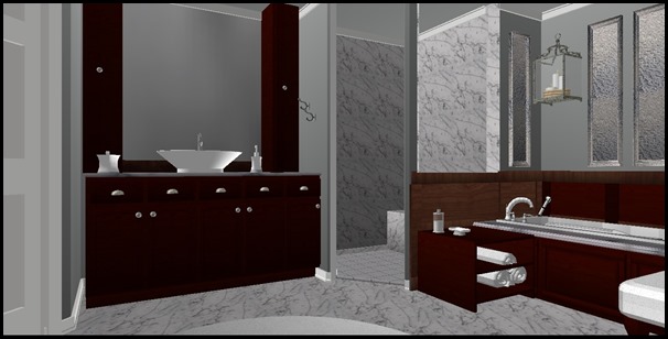 A-DARK CHOCOLATE CABINETS WITH MARBLE NEW WINDOWS AND SMALL TOWEL CABINET WITH LIBRARY PANELING AROUND TUB-2