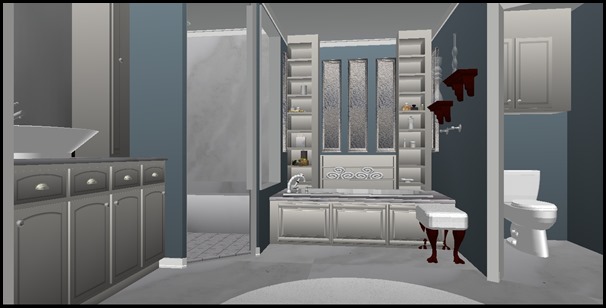 B-DARK WHITE CABINETS WITH MARBLE NEW WINDOWS AND SHELVING BEHIND TUB AND BLUE WALLS-1