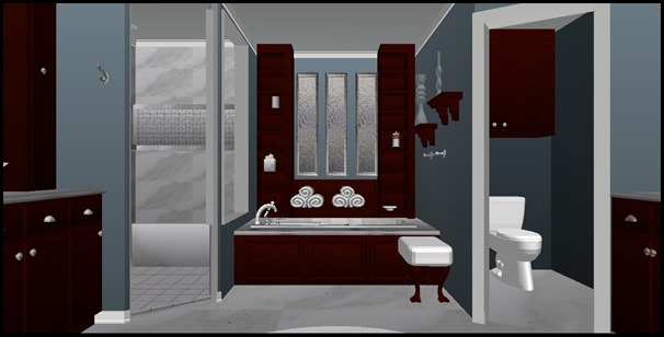 B2 -BLUE WALLS WITH DECO IN SHOWER-DARK CHOCOLATE CABINETS WITH MARBLE - NEW WINDOWS AND BATHTUB SHELVING-1