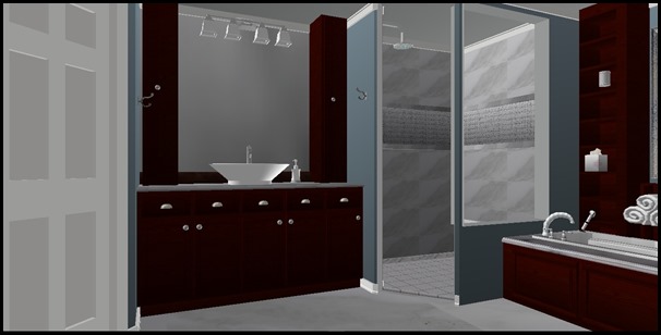 B2 -BLUE WALLS WITH DECO IN SHOWER-DARK CHOCOLATE CABINETS WITH MARBLE - NEW WINDOWS AND BATHTUB SHELVING-2